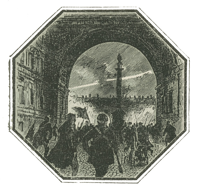 Block print of revolutionary scene with hexagonal border