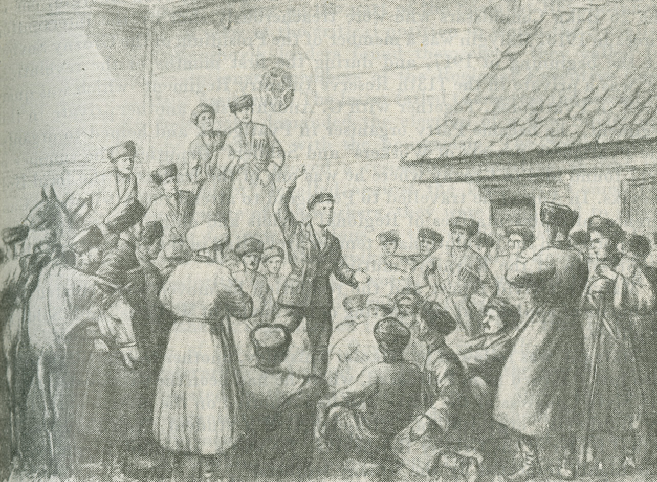 Illustration of Kirov addressing a meeting in Bazorkino