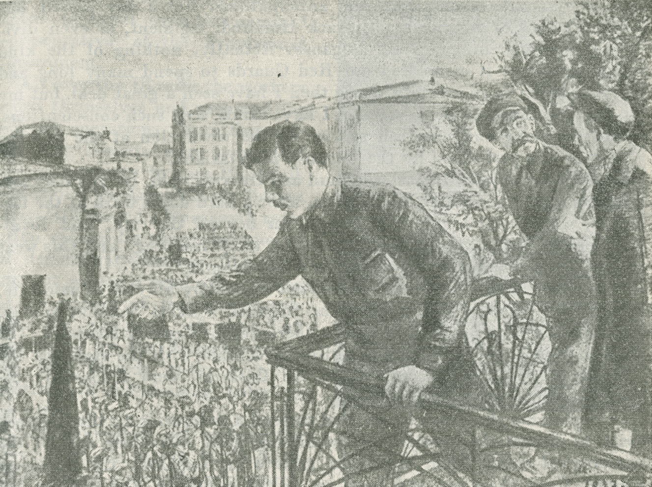 Illustration of Voroshilov and two others on a balcony overlooking a street filled with marching soldiers