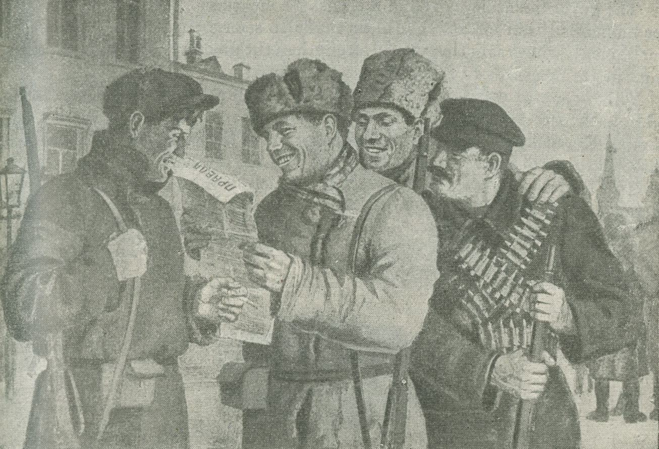 Excerpt from a drawing of armed Red Guards reading a newspaper and smiling