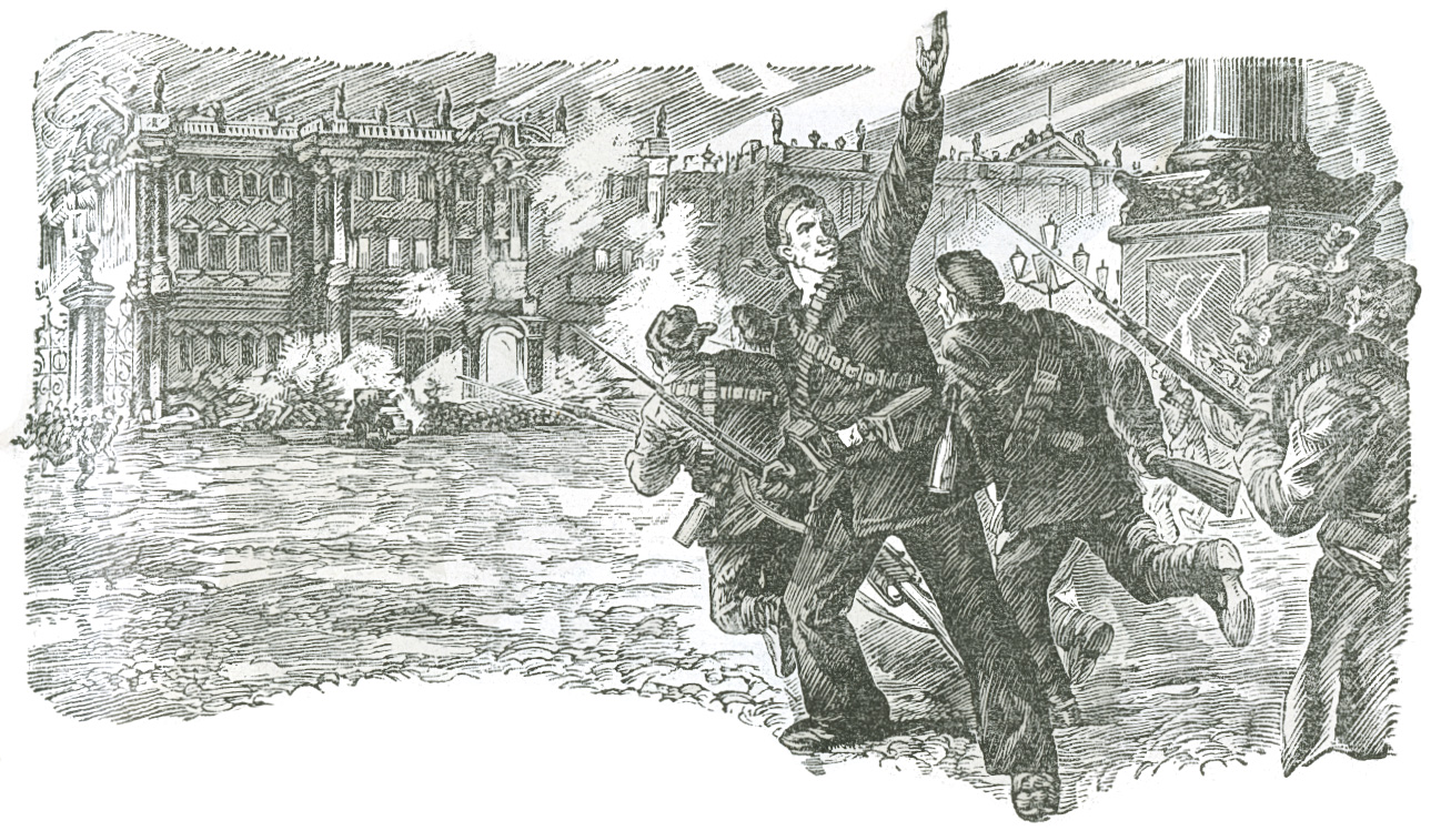 Block print of armed men rushing toward a building