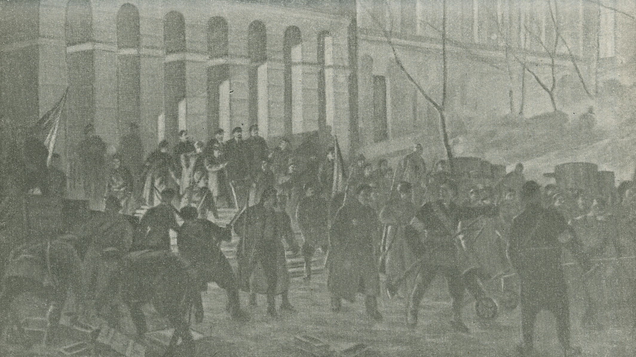 Excerpt from a painting showing people outside the Smolny Institute organizing and arming for revolutionary activities