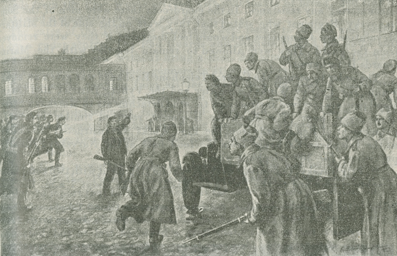 Excerpt from a drawing showing troops of the Military Revolutionary Committee capturing the General Post Office