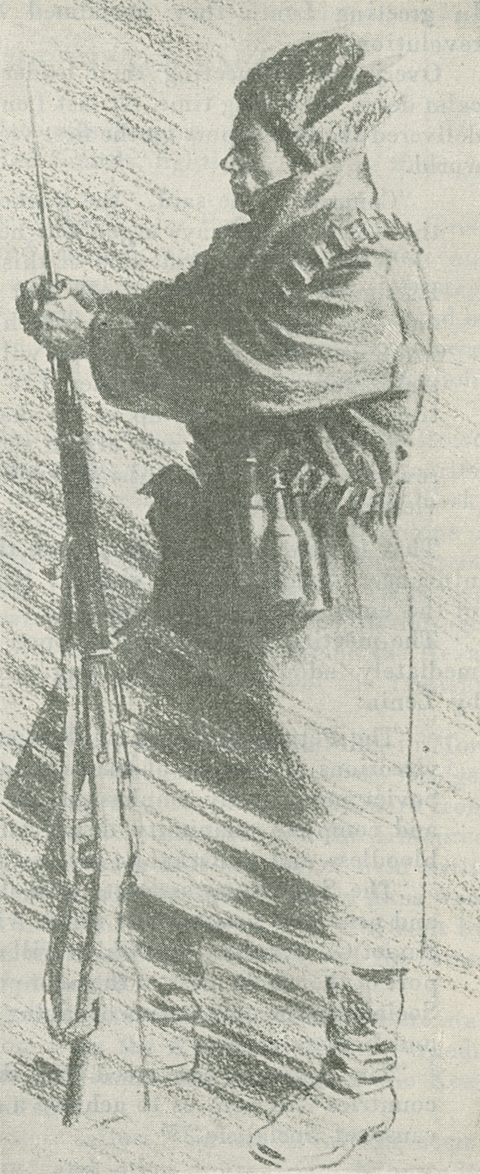 Sketch of a Red Guard soldier standing with a rifle stood vertically, butt end on the ground
