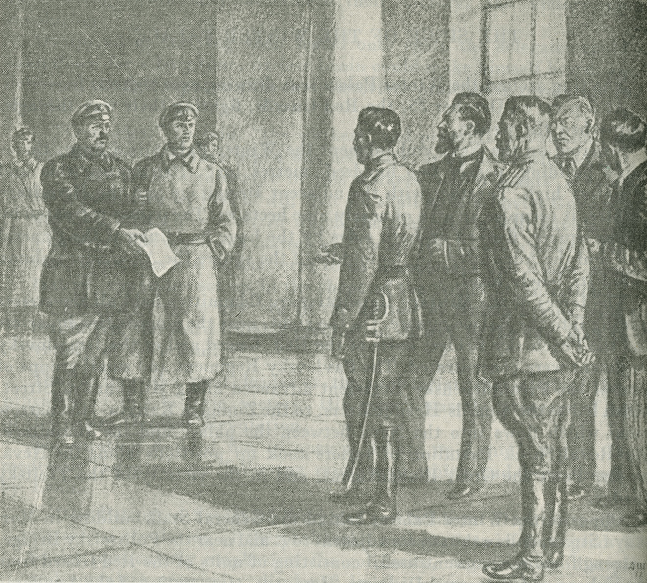 Excerpt from a drawing showing members of the Military Revolutionary Committee presenting ultimatums to the Provisional Government
