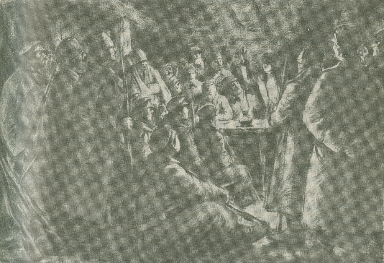 Illustration of a meeting of a Regimental Committee at the front