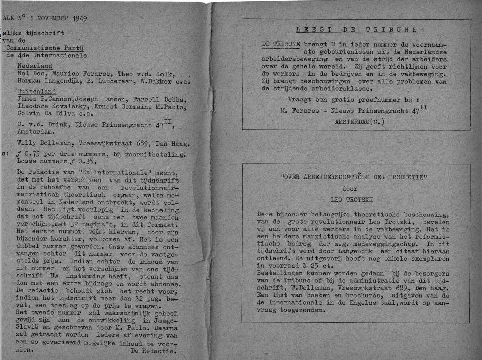 Binnenzijde kaft van nummer 1 van De Internationale 1949 - binnenzijde kaft nr. 1 van De Internationale